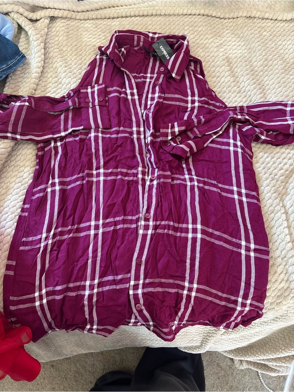 Express Plum Plaid Cold-Shoulder Button-Down Shirt